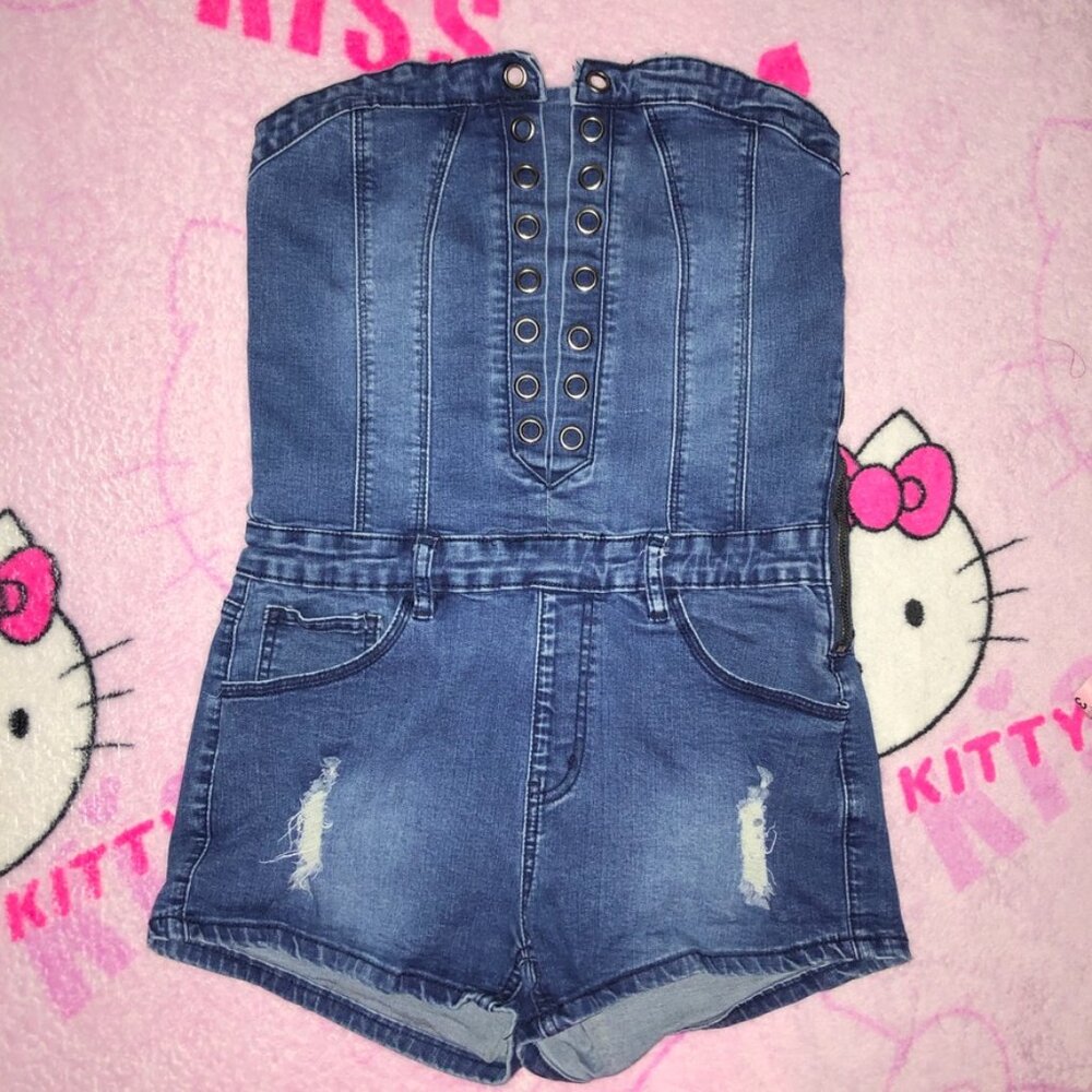 denim lace up corset romper